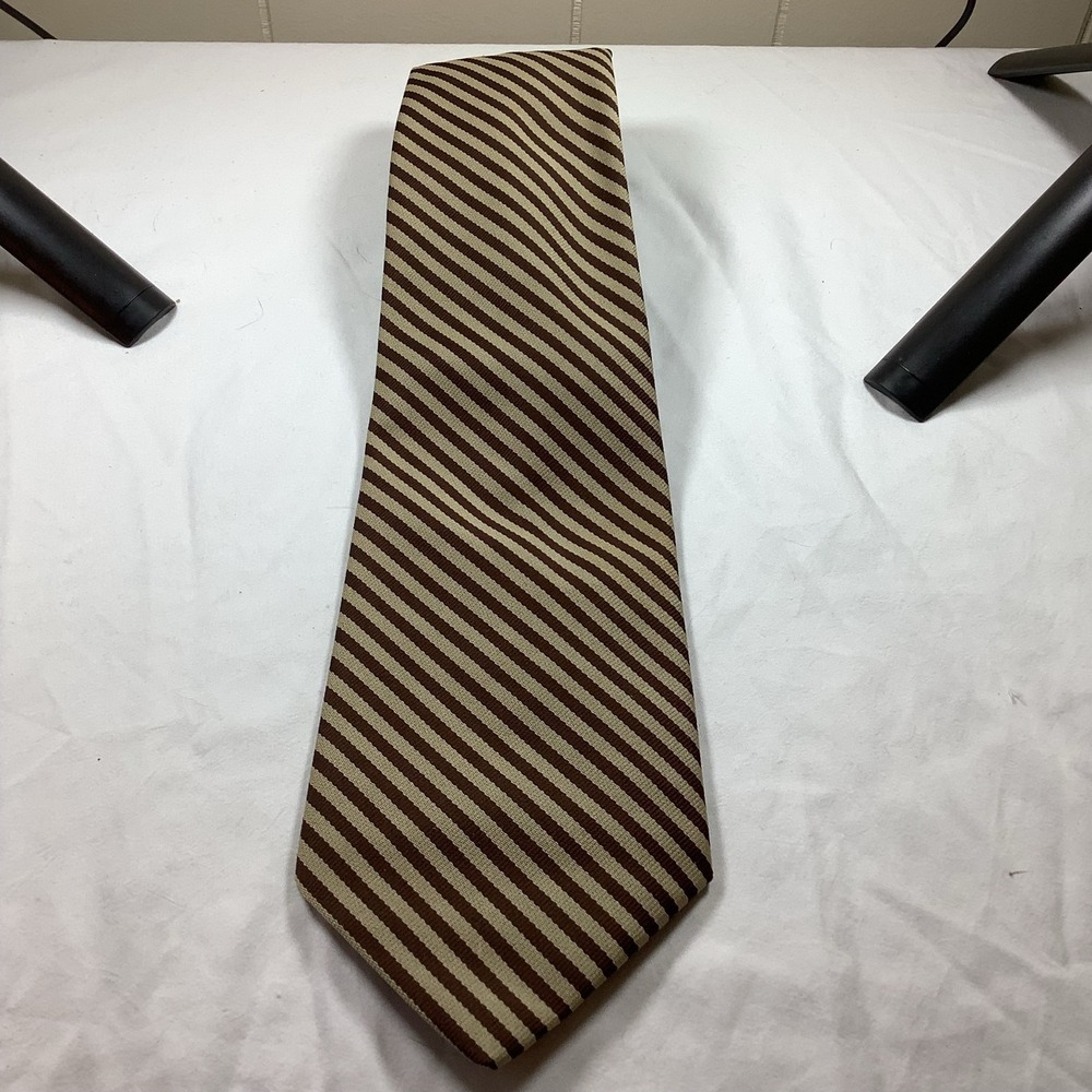 Stuart Hughes Mens Silk Tie Tan Brown Diagonal Striped Woven Necktie